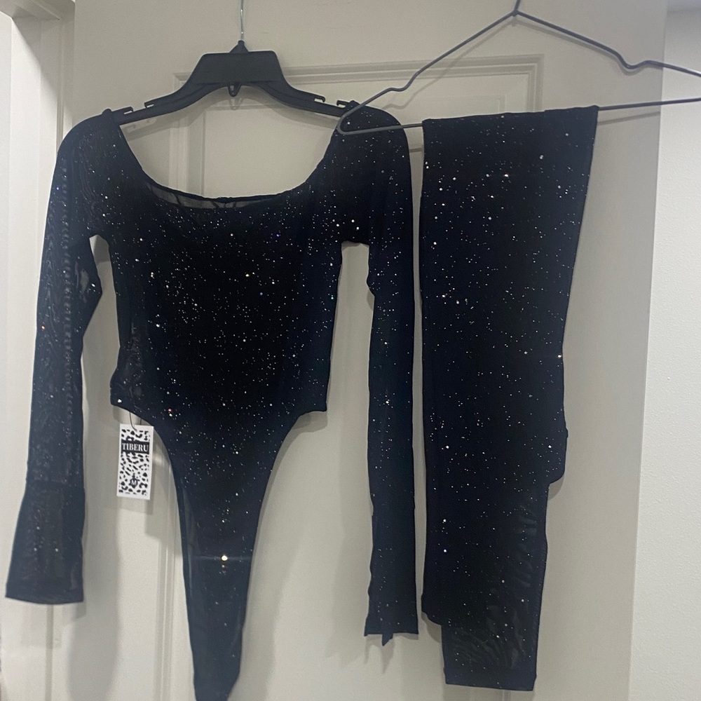 Fashion Nova Black Sparkle Two-Piece Jumpsuit Set